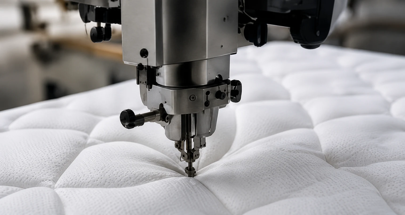 Quilting head stitching a mattress panel