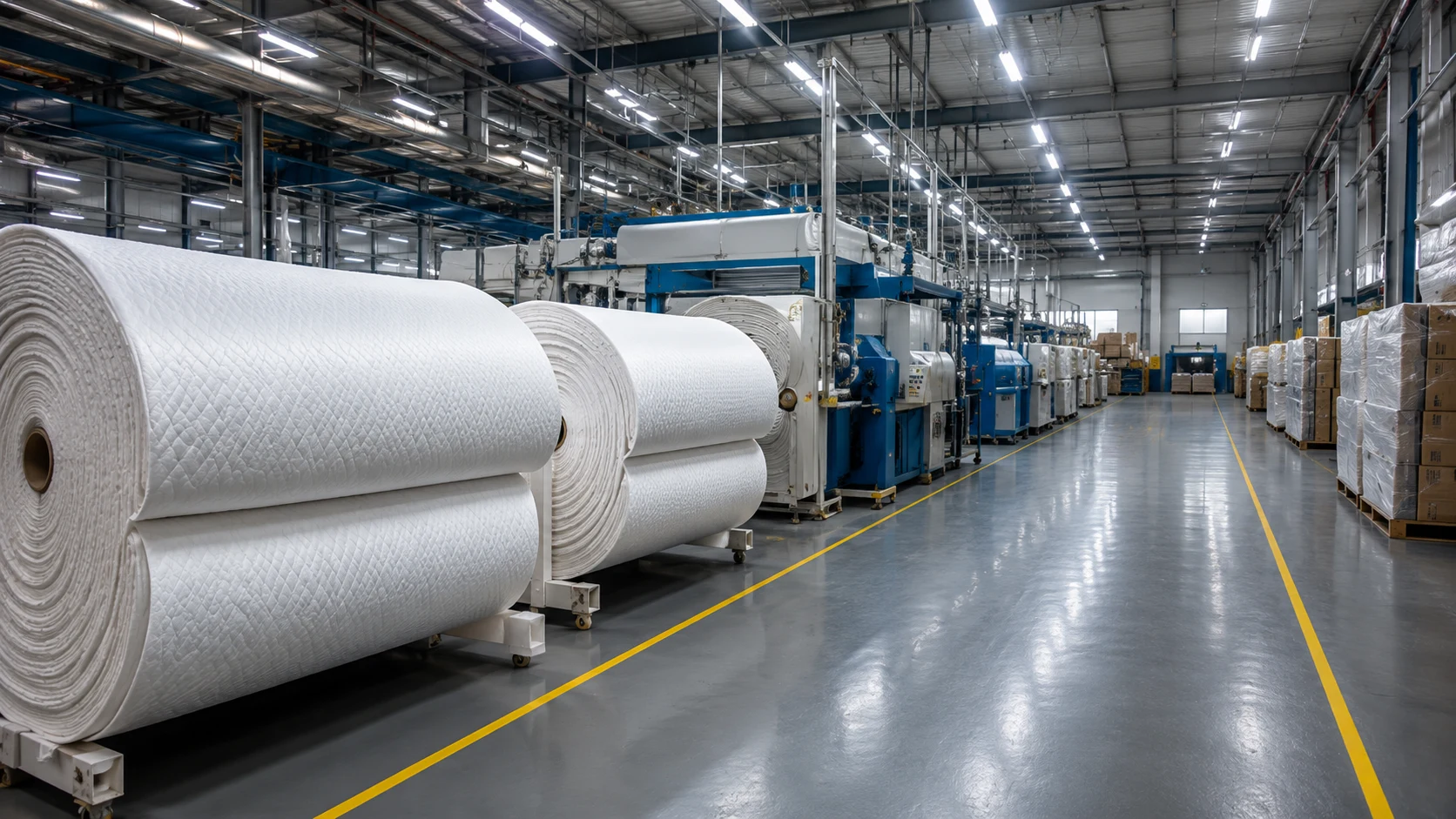 Rolls of mattress fabric in the Aqualite plant