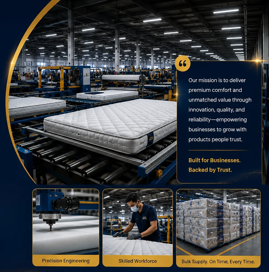 Inside the Aqualite plant: a mattress moving along the production line, our mission statement, and highlights of precision engineering, a skilled workforce and on-time bulk supply
